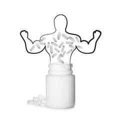 Plastic bottle and silhouette of sportsman filled with pills symbolizing using doping on white background