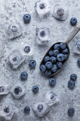 Fresh blueberries in a old spoon and in ice cubes