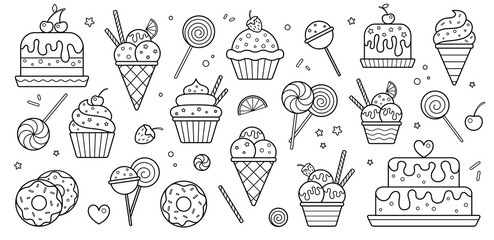 Set of food icons. Design for cafe, restaurant, confectionery. Desserts for Birthday, holiday, party. Illustrations for menu. Silhouette of sweets for logo.