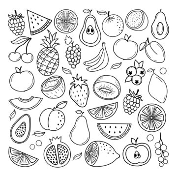 Fruits and berries doodles set. Tropical fruit color cliparts. Orange, apple, pineapple, bananas, grape, pear, lemon. Healthy and vegan food. Hand drawn vector illustration isolated on white backgroun