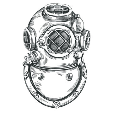 old underwater diving helmet hand drawn vector illustration sketch