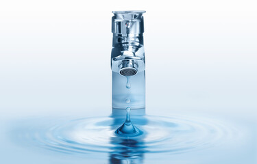 Water dripping from tap with splash on light background