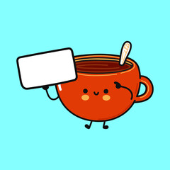 Cute funny cup of coffee with poster. Vector hand drawn cartoon kawaii character illustration icon. Isolated on blue background. Cup of coffee think concept