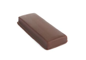 Tasty chocolate glazed protein bar isolated on white. Healthy snack