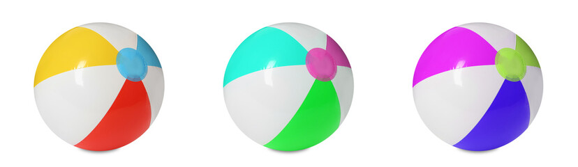 Set with colorful inflatable beach balls on white background. Banner design