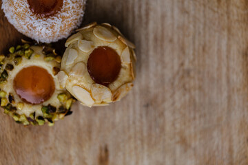 top view of freshly baked cookies on a wooden table