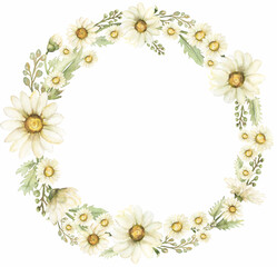 Hand drawn Chamomile Clipart, Watercolor Vintage Daisy Wreath Clip art, Rustic Meadow Floral Bouquet, Wildflowers Frame, Wedding Invitation, Logo design