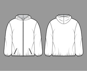 Puffer coat jacket technical fashion illustration with long sleeves, hoody collar, zip-up closure, pockets, boxy fit, hip length. Flat template front, back, white color style. Women men unisex top CAD © Vectoressa