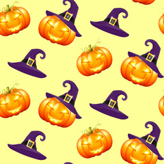  Pumpkin seamless pattern, great for Halloween designs, wallpapers, textiles, wrapping paper. Seamless pattern halloween pumpkins on yellow background. Abstract background.