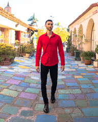 Man walking on colorful pathway