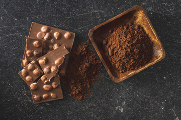 Nutty chocolate with hazelnuts and cocoa powder.