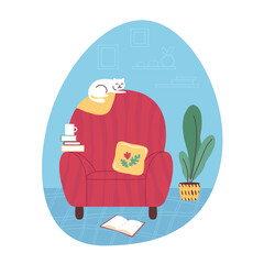 Set of living room furniture with armchair, floor lamp and potted plant.