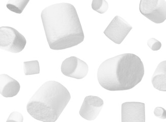 Delicious sweet puffy marshmallows flying on white background