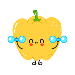Cute funny yellow pepper with dumbbells. Vector hand drawn cartoon kawaii character illustration icon. Isolated on white background. Pepper concept