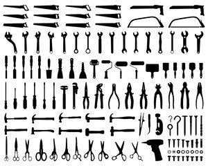 Set of black silhouettes of household tools on a white background