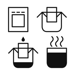 Drip bag coffee icons set. Hanging ear drip coffee filter paper bag brewing instruction. Step by step cooking vector illustrations isolated