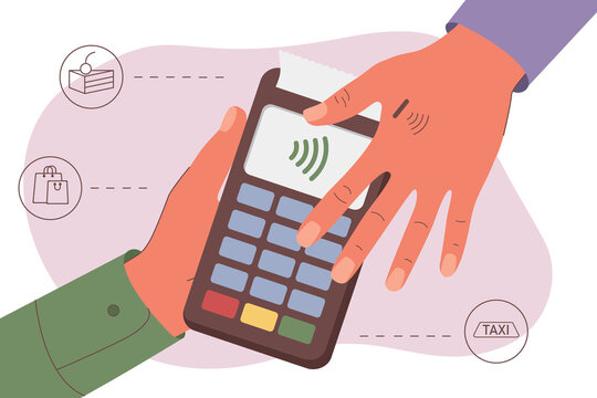 Human microchip implant in hand. NFC implant. Implanted RFID transponder. Payment by hand. Payment for purchases, food, transport using the payment terminal. Vector illustration in flat style
