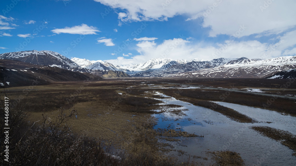 Wall mural Shallow river stream and a field - snowy hills in background