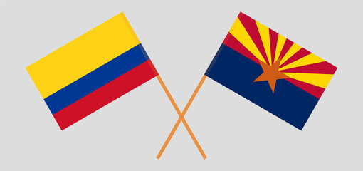 Crossed flags of Colombia and the State of Arizona. Official colors. Correct proportion