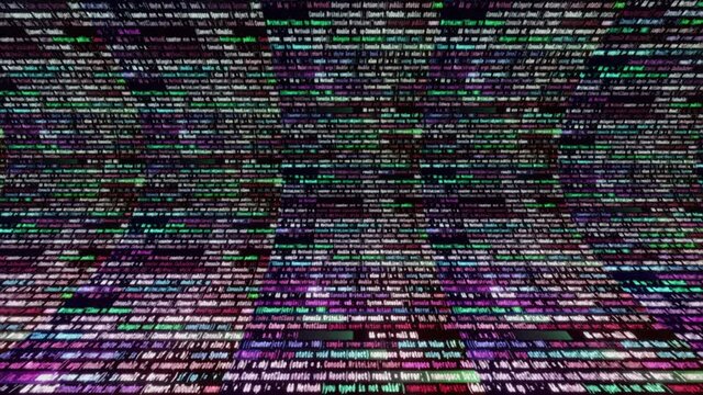 Creative curved texture of a cyber space with the millions lines of a program code. Animation. Technology pattern digital data flow, seamless loop.