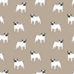 Obraz premium seamless pattern with white dogs of the pug breed on a beige background, drawing graphics