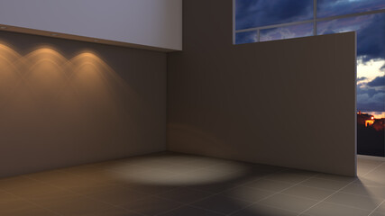 Modern Empty Interior Corner with Brown Walls, Brown Tiles on the Floor, Spotlights and a Large Floor to Ceiling Window. Ultra HD 8K, 3D Rendering with Work Path on Window