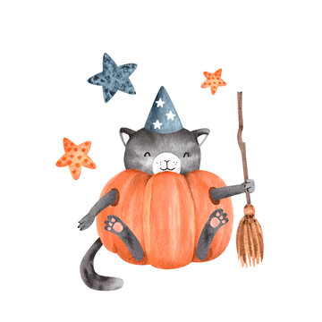 watercolor illustration for halloween holiday with black cat in orange pumpkin, hand painted