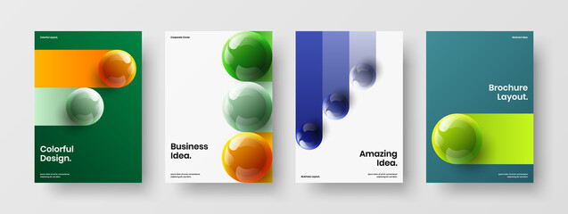 Unique handbill A4 design vector concept set. Colorful realistic spheres company brochure illustration bundle.