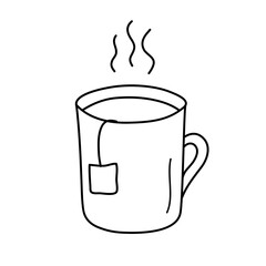 A mug with a tea bag in the doodle style. Vector element in black. Perfect as a label or logo. Teatime break, breakfast symbol