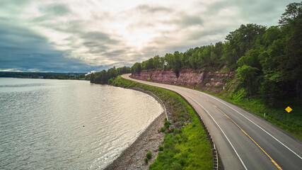 Aerial of road on coastline