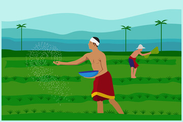 farmer working on rice field vector illustration 