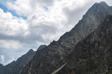 Fototapeta na wymiar The image shows peaks and slopes with pine and limestone rocks of the High Tatra mountains in northern Slovakia