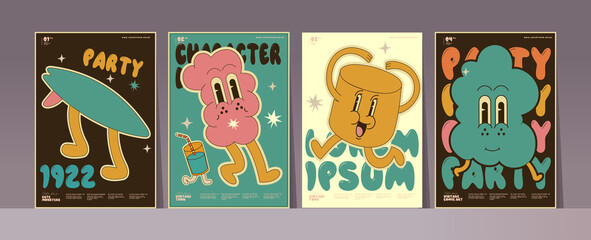 Obraz premium Pop art, comic, typography, vintage design. Set of vector illustrations in retro style. Funny vintage cartoon characters. Simple background images for poster, cover, banner, desktop wallpaper.