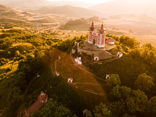 Romantic morning scenery of calvary in Banska Stiavnica, UNESCO, Slovakia. Old Slovakia mining town...
