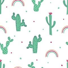 Obraz premium Seamless pattern with cactus and rainbow. Green cacti on a white background. Flat vector illustration.