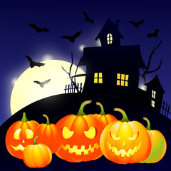 Illustration of house on a hill on halloween 