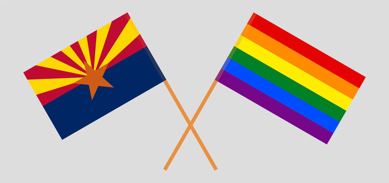 Crossed flags of the State of Arizona and LGBTQ. Official colors. Correct proportion