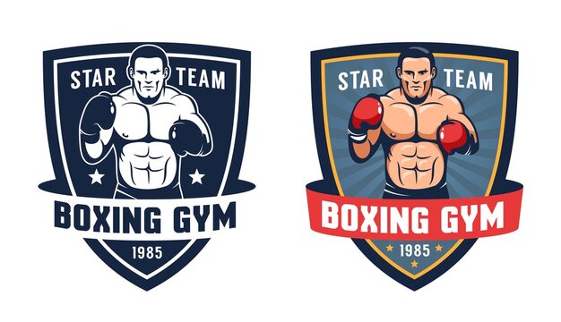 Boxer in fighting stance - vintage boxing gym logo. Vector illustration.