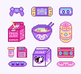 Pixel art 8 bit objects. Retro digital game assets. Set of Pink fashion icons. Vintage girly stickers. Arcade Computer video. Characters dinosaur pony rainbow.