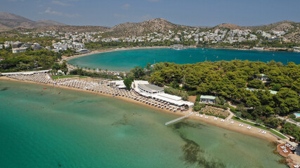 Aerial drone photo of famous celebrity sandy beach of Astir or Asteras in south Athens riviera with...