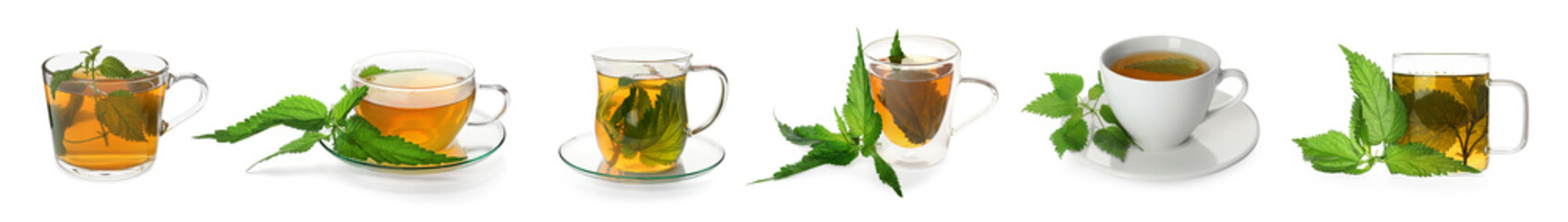 Set with aromatic nettle tea in glass cups on white background. Banner design