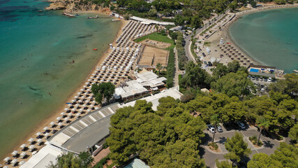 Aerial drone photo of famous celebrity sandy beach of Astir or Asteras in south Athens riviera with...