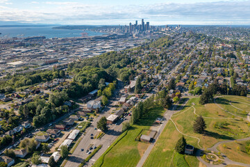 Aerial view of Seattle with Jefferson Park Below