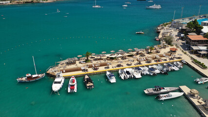 Aerial drone photo of famous celebrity sandy beach of Astir or Asteras in south Athens riviera with...