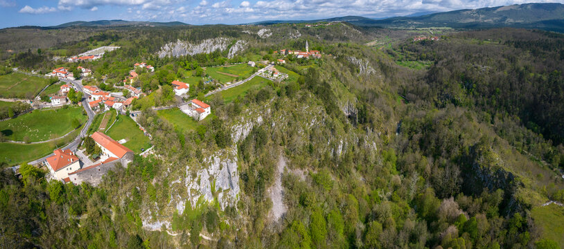 Panoramic aerial view of Unesco world heritage site Skocjanske jame (Skocjan caves) with village Skocjan, Slovenia