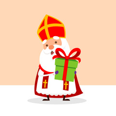 Cute Saint Nicholas with gift for you - vector illustration