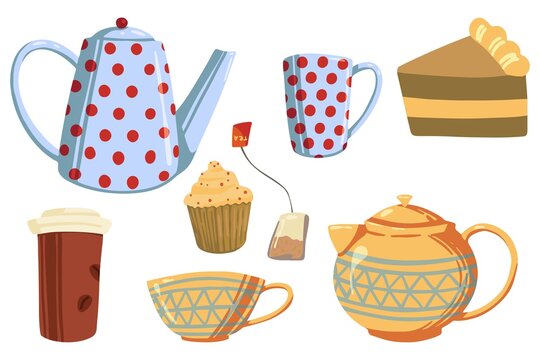 Set of cozy autumn or winter tea party. Vector illustrations of teapots and mugs, paper cup, homemade cakes, tea bag. Cartoon colored clipart isolated on white. For decor, sticker, design, card, print