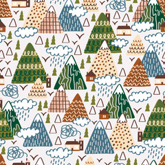 Seamless pattern with houses,trees and mountains. Scandinavian landscape. Childish graphic. Vector hand drawn illustration.