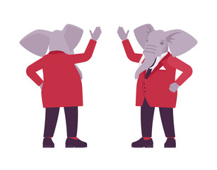 Elephant man, elegant mister, animal head stylish human waving hand. Dressed up gentleman having large trunk, ivory tusks, wearing jacket. Vector flat style cartoon illustration, front and rear view
