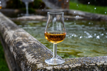 Glass of strong scotch single malt whisky served on old stone reservoir for water from mountain spring